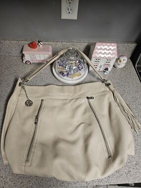DKNYC Cream Pebbled Leather Hobo with Tassel